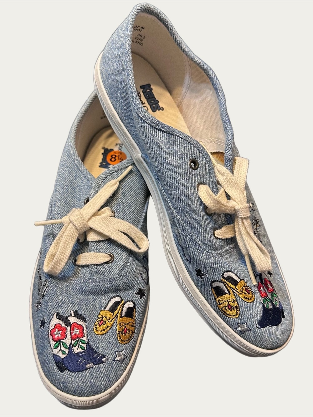 Keds Vintage Western Patch Denim Sneakers with Colorful Embroidery Size 8.5